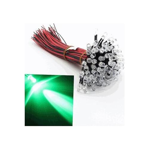 50Pcs 12V DC Water Clear Green LED Light Lamp Bulb 20cm Pre-wired 5mm Pre Wired
