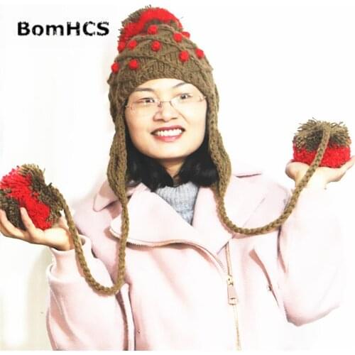 BomHCS Womens Fashion Winter Warm Thick Knitted Ear Muff Hat 100% Handmade Red & Brown Soft Pompoms Beanie Cap