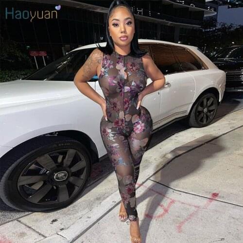 HAOYUAN Mesh Sheer Bodycon Rompers Women Jumpsuit Sleeveless Backless Sexy Outfits for Women Summer Clothes One Piece Club Wear