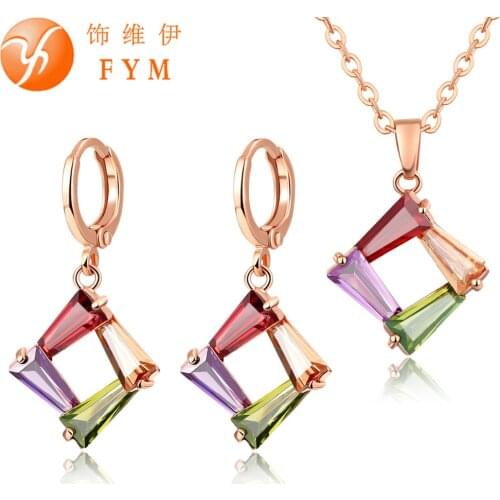 Beautiful Rose Gold color Necklace Earrings Jewelry Sets Fashion Colorful Crystal Zirconia Wedding Bridal Jewelry set For Women