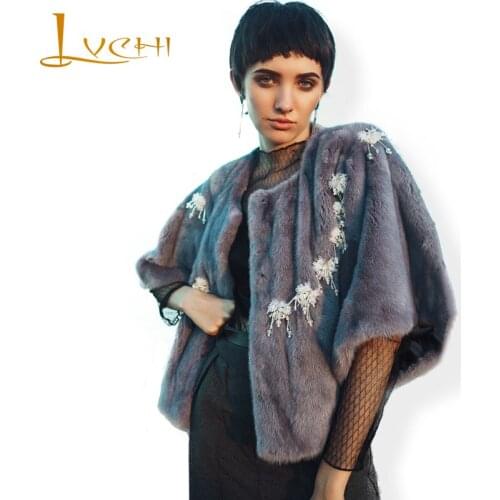 LVCHI Fur Store Women Casual Loose Half Sleeve Natural Fur real mink fur Coats Hand Made Beading fashion new Style Womens coat