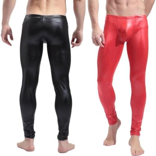 Mens Trousers PU Leather Bugle Pouch Elastic Tight Pants Latex Legging Party Clubwear Body Shapers Sexy Wetlook Gay Pants XL