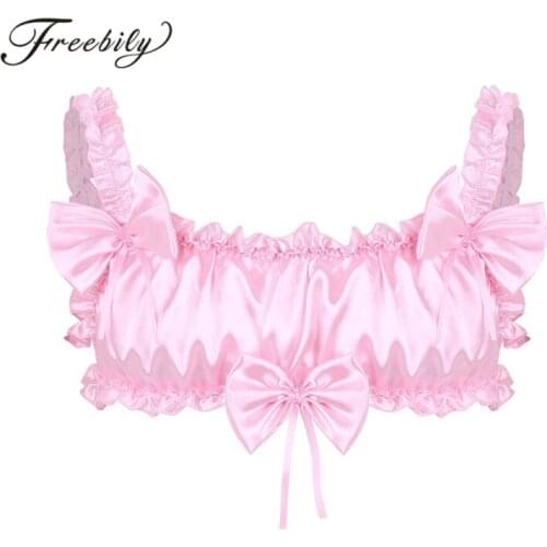 Mens Sissy Lingerie Smooth Satin Ruffled Frilly Gay Bra Top Elastic Shoulder Straps Backless Wire-free Sexy Hot Erotic Tank Tops