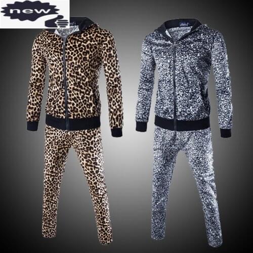 2021 Euro Fashion Men Leopard Hoody Sweatshirts Sweatpants Tracksuit Sets Joggers Casual Fitness Clothing Suit Ensemble Homme