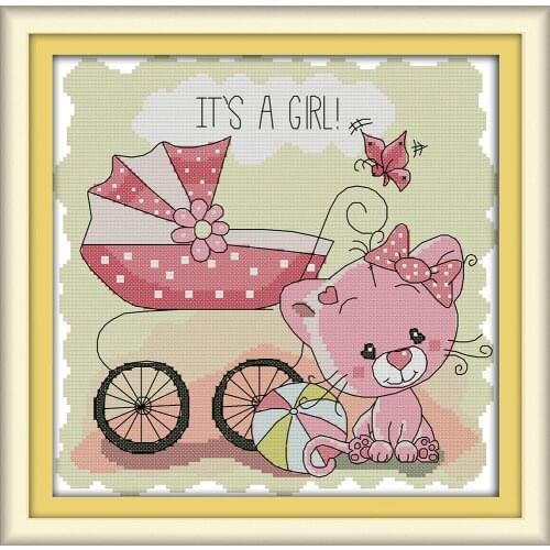 The cat and baby carriage cross stitch kit cartoon animal 14st 11ct count canvas stitches embroidery DIY handmade needlework