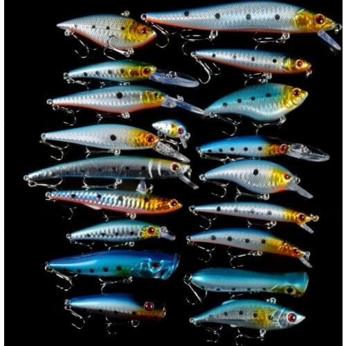 19pcs /Lot Fishing Lures Set Mixed 19 Different Style Models Fishing Tackle Artificial High Quality Bass Crankbait Plastic Bait