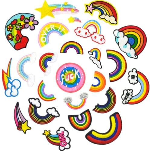 New Colorful Rainbows Patches Embroidery Iron On Applique Floral for Kids Dress Clothes Cute DIY Badges Handwork