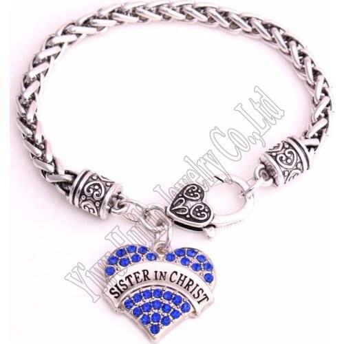 New Arrival rhodium plated studded with sparkling crystal SISTER IN CHRIST heart pendant charm bracelet