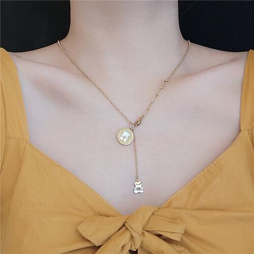 2021New Design Natural Shell Bear Necklace Pendant Women Gift Cute Double Bear Pendant Bead Chain Titanium Steel Jewelry