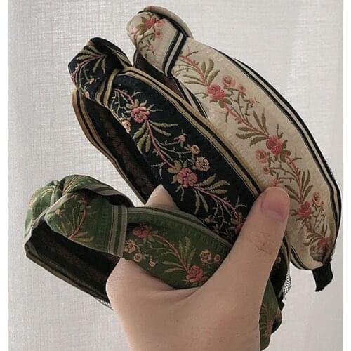 Haimeikang Korean New Chic Ethnic Head Hoop Headband Retro Hair Accessories Knotted Wide-brimmed Embroidery Bezel Headdress