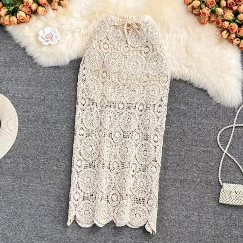 Autumn Beige Hollow Out Pencil Midi Skirt Vintage High Elastic Waist Knitting Bodycon Faldas Female Elegant Saia Fashion 2021