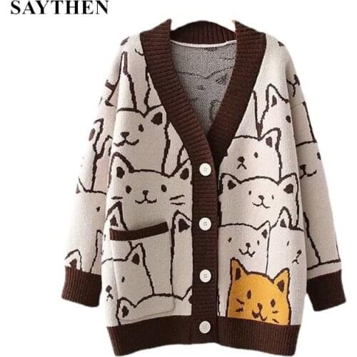 SAYTHEN 2021 V Neck Cardigan Women Cute Cat Vintage Knitted Sweater Female Retro Fashion Long Sleeve Knitwear Coat