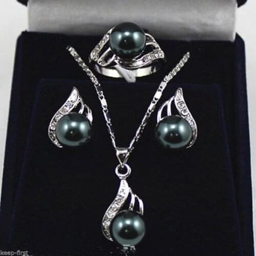 Natural Black Grey pink 10mm South sea Shell Pearl Earrings/Ring/Pendant Necklace Set