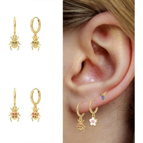 CANNER Rose Red Olive Enamel Beetle Earrings For Women 925 Sterling Silver Earrings Hoops Pendientes Plata Gold-Plated Jewelry