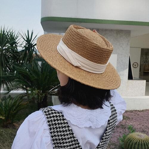 Casual Handmade Straw Beach Hat For Women Summer Holiday Panama Cap Mans Fashion Ribbon Concave Flat Sun Protection Visor Hat