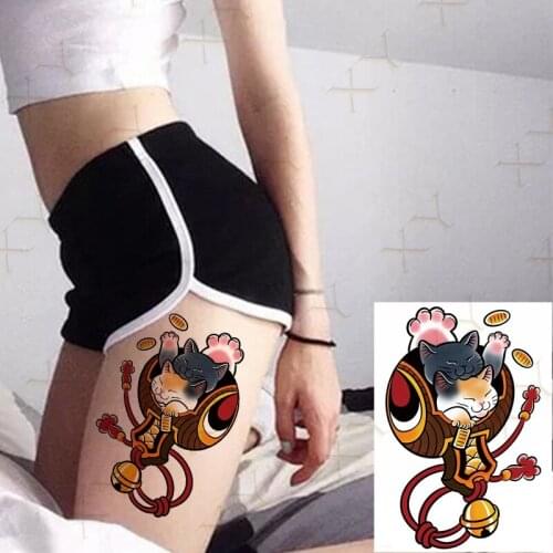 Temporary Tattoo Sticker Body Art Cartoon Ukiyoe Cat Bells Geisha Flower Water Transfer Fake Tatoo Flash Tatto for Woman Man