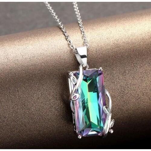 Trend Crystal Rectangle Color Pendant Necklace For Women Jewelry Fashion 925 Silver Chain On Neck Female Choker Necklaces Bijou