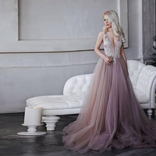 YQLNNE Smoky Purple Long Prom Dresses 2020 Sexy V Neck Tulle Handmade Silver Diamonds Beaded Backless Evening Gown Formal Dress