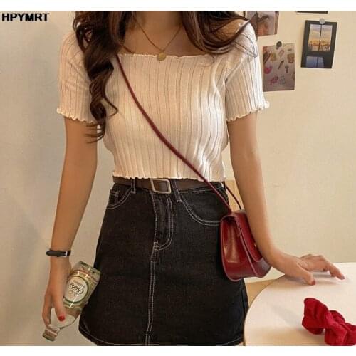 Summer Women Clothes Solid T-shirts Off Shoulder Knitting Crop Top Short Sleeve Kawaii Sweet Stretchy Ruffles Stripes Tee Female