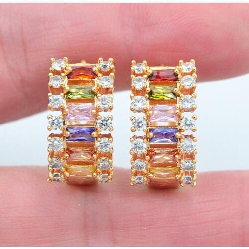 Gold Color Women Fashion Luxury Multicolor Cubic Zirconia CZ Huggie Hoop Earrings Jewelry