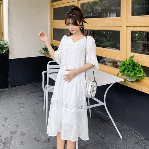 882# Maternity Clothes Summer Short Sleeves V Neck Plain Color Loose Midi Dress Pregnant Women Mom Dress