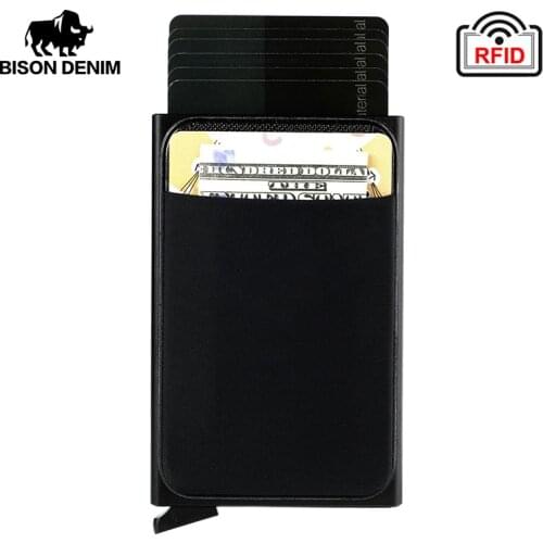 BISON DENIM Mini Credit Card Holder Slim RFID Wallet Automatic Pop up Bank Card Case With Back Pouch Aluminum Wallet QB1555