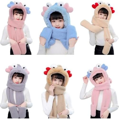 Kids Winter Warm 3 In 1 Faux Fleece Hooded Scarf Hat Gloves Set Cute 3D Crab Ears Legs Thermal Earflap Cap Neck Warmer