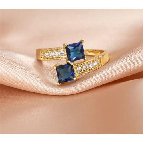 Small Square Stone Blue Zircon Yellow Gold Filled Rings For Women Vintage Fashion Wedding Jewelry Female Engagement Promise Ring