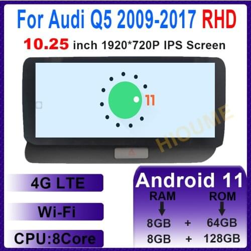 10.25“ 8Core 8+128G Android 10 Multimedia Player GPS Navigation for Audi Q5 009-2017 RHD Cars Radio Stereo Head Unit 4G WiFi