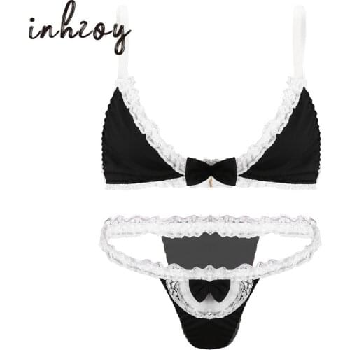 2Pcs Mens Lace Bralette Bra Tops Thong Sissy Lingerie Set Crossdress Nightwear