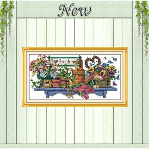 I love gardening,11CT Counted printed on Canvas DMC 14CT Cross Stitch Embroidery kit,Needlework Set,Flower House Home wall Decor