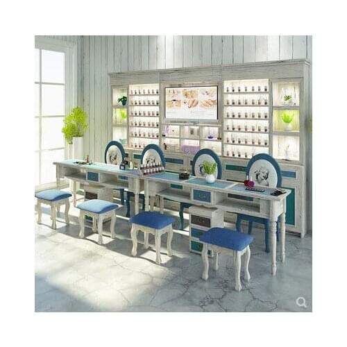 American Mediterranean solid wood retro nail table and chair set single double nail table blue and white