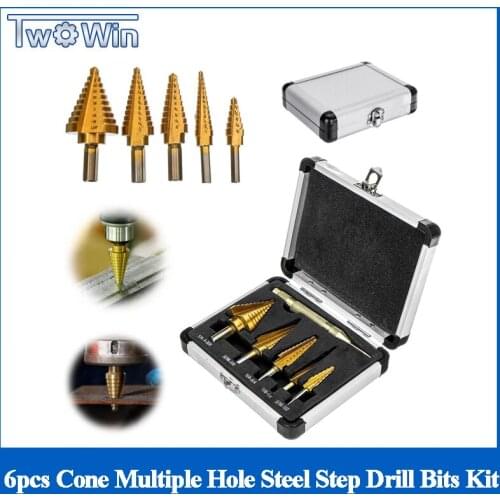 6Pcs Titanium Drill Bit Set Steel Step Drill Bits Cone Multiple Hole 50 Sizes with Case Kit New Arrival Free Shipping