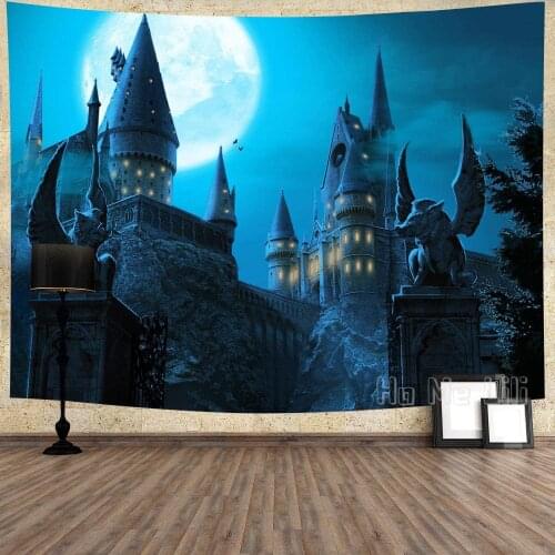 Night Vampire Castle Tapestry Gothic City Full Moon Scenery Wall Hanging For Bedroom Living Room Home Decor