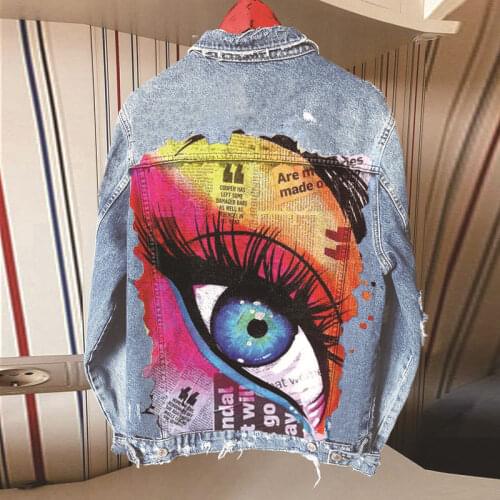 Autumn European and American Style New Ladies Coat Casual Loose Hole Long-sleeved Big Eyes Printed Denim Jacket for Women WP47