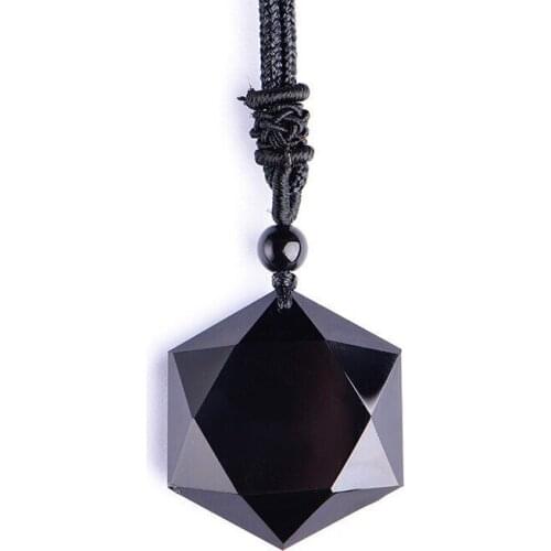 Genuine Natural Black Obsidian Flash Light Pendant Gemstone Hexagram Six Star Carving 41mm 61mm Necklace Drop Shipping AAAAA