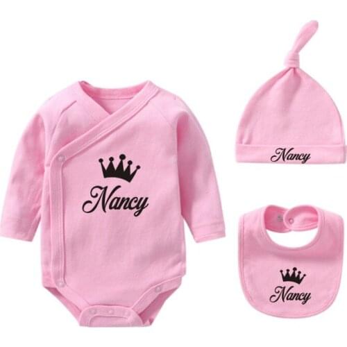 Personalised Newborn Gift Set Baby Keepsake Unisex Gift Set Custom Name Baby Clothing Outfit with Hat + Bib Pink Crown Bodysuit