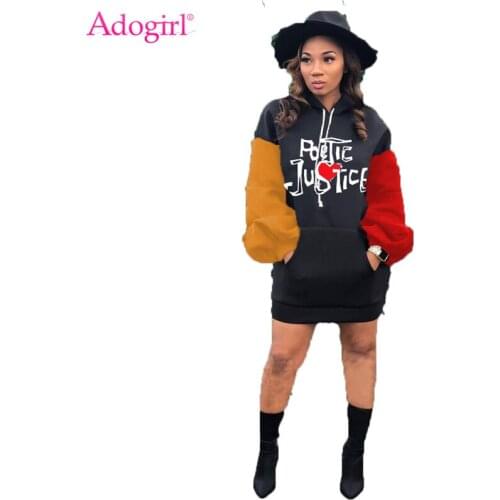 Adogirl Letter Embroidery Color Patchwork Hoodies Dress Lantern Sleeve Pockets Loose Casual Hooded Sweatshirts Mini Dresses