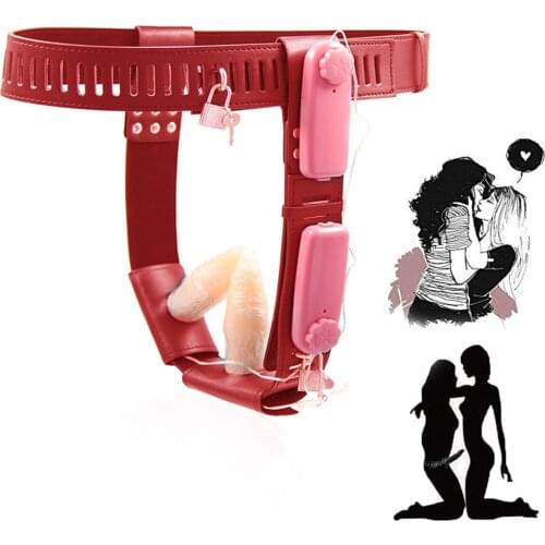 Chastity Belt With Double Silicone Butt Plug Dildo Womens Thong Harness Leather Panties Underwear BDSM Bondage Fetish Vibrating