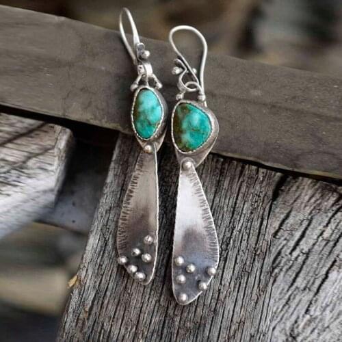 Retro Turquoises Earrings Vintage Antique Silver Color Ethnic Style Stone Drop Earrings Personality Geometric Jewelry Wholesale