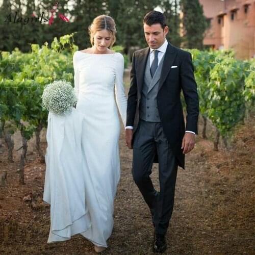 Simple Satin Wedding Dress Long Sleeve Wedding Gown Plus Size Backless Elegant gowns Vintage Sexy 2020