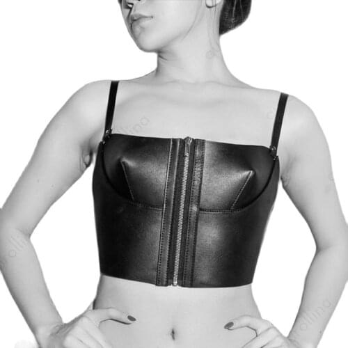 Leather Suit BDSM Lingerie Crop Top Suit Cow Leather Dress Bondage Stylish Tube Top Low Cut Dress Hot Sexy Crop Top Vest
