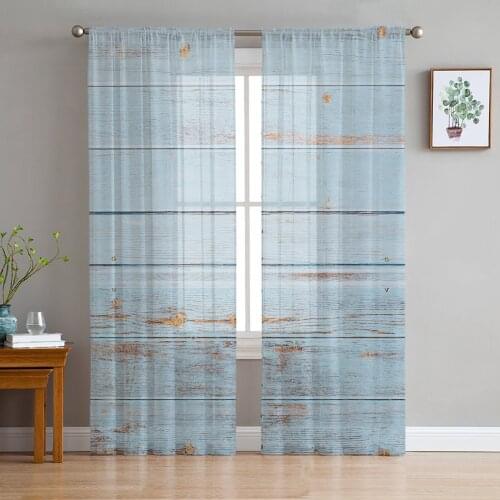 Vintage Wood Texture Blue Curtain For Living Room Transparent Tulle Curtains Window Sheer For The Bedroom Accessories Decor