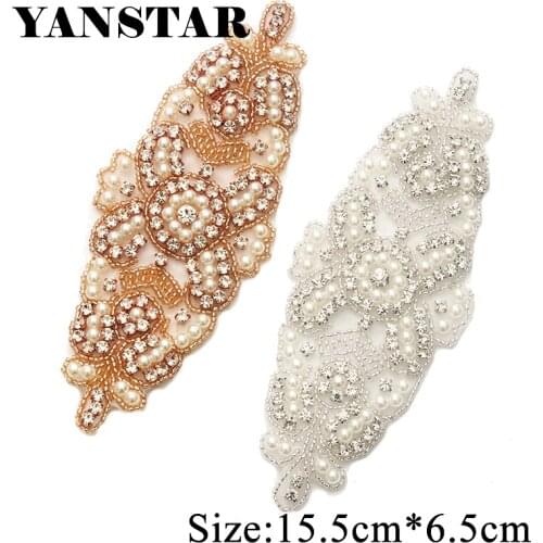YANSTAR (20PCS) Rose Gold Silver Rhinestone Applique With Beads Sewing On For Wedding Dresses Sash Bridal Gown Accessory YS899