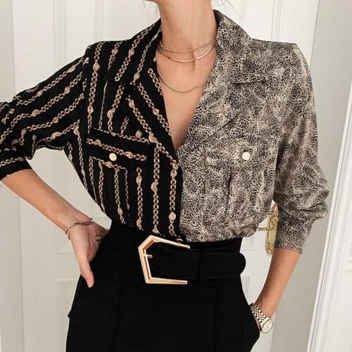 ZCSMLL women blouses Korean chic all-match lapel single-breasted asymmetrical pattern design loose long-sleeved shirt top