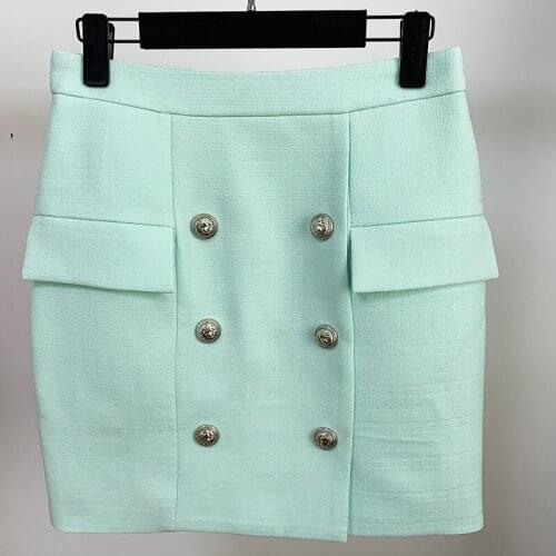 Free Shipping Designer Fashion Mint Green Skirts Women Double Breasted elegant Stylish Mini Skirt Office Ladies Business Formal