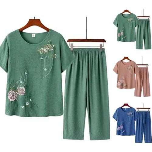 Women Short Sleeve T-shirt Top Pants Floral Print Loose Loungewear Home Outfit Womens Clothing пижама женская 2021