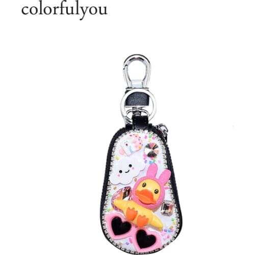 Cartoon duck Car Key bag Wallets With Fluff ball Shining Diamonds Keychain women Genuine Leather Key Bag Metal Key Ring 2019