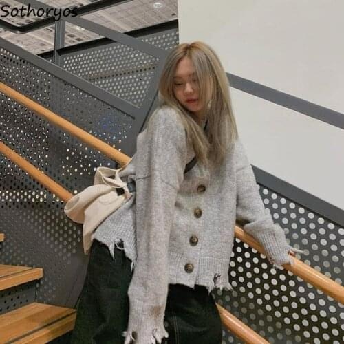 Women Cardigan Single Breasted Design Button Loose Hole Retro Irregular Solid Spring All-match Fashion Casual Korean Style Chic