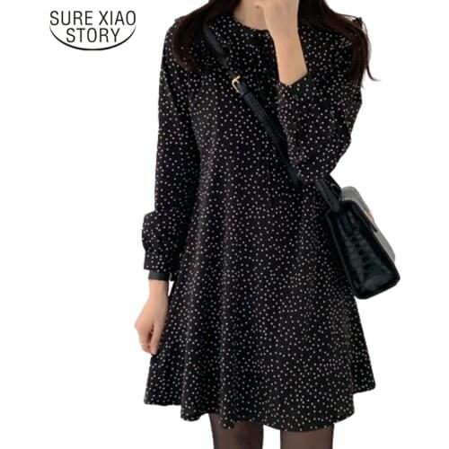 Jupe Femme Autumn New Womens Dress Korean Black Polka Dot A-line Vestidos Long Sleeve O-neck Sweet Dresses for Women 10840